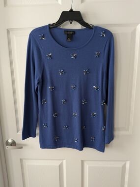 Investments Blue Knit Top With Crystal Embellishments